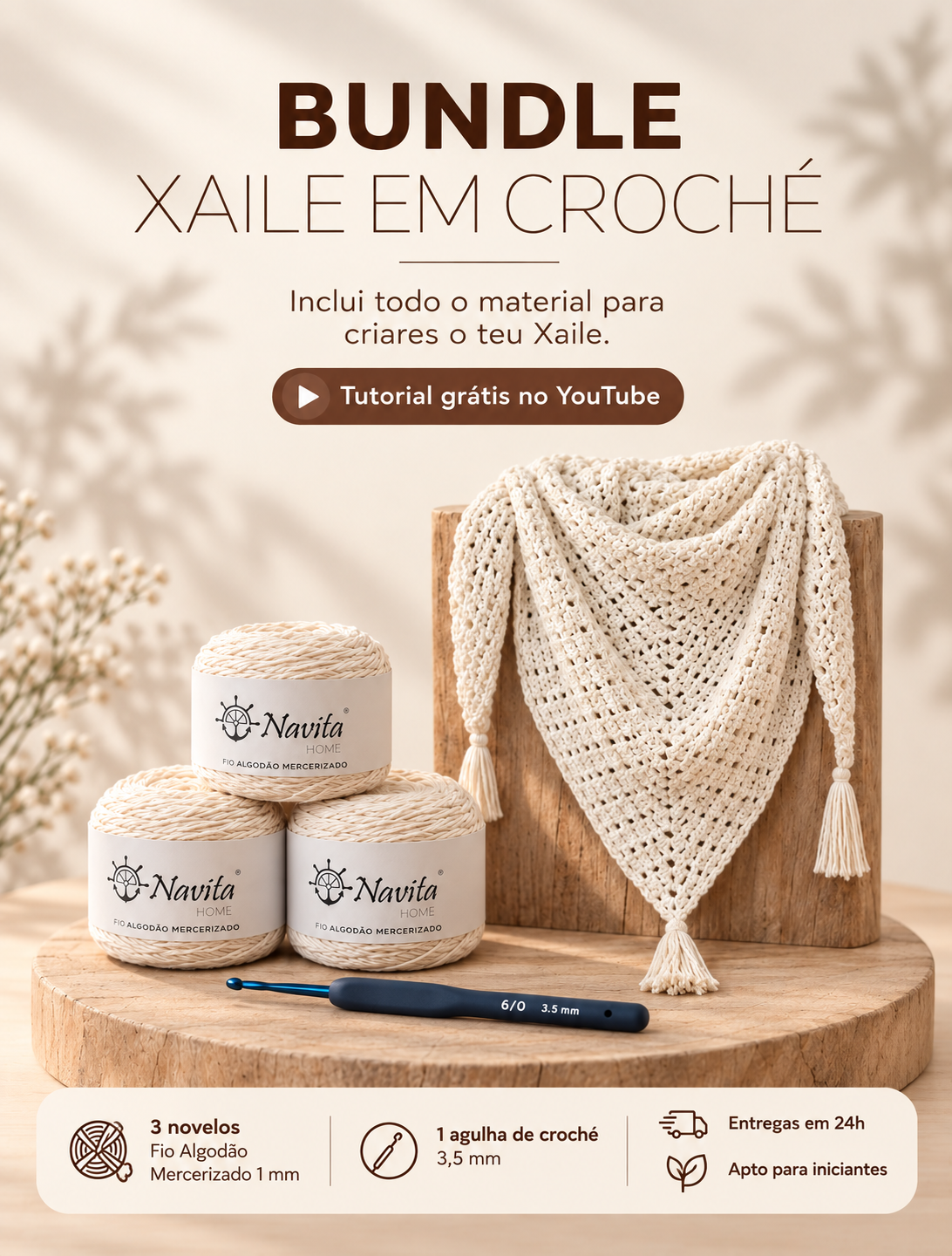 Bundle Xaile em Croché - Fio Algodão Mercerizado + Agulha 3.5mm