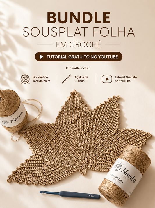 Bundle Sousplat Folha em Croché - Fio Náutico Torcido 2mm + Agulha 4mm