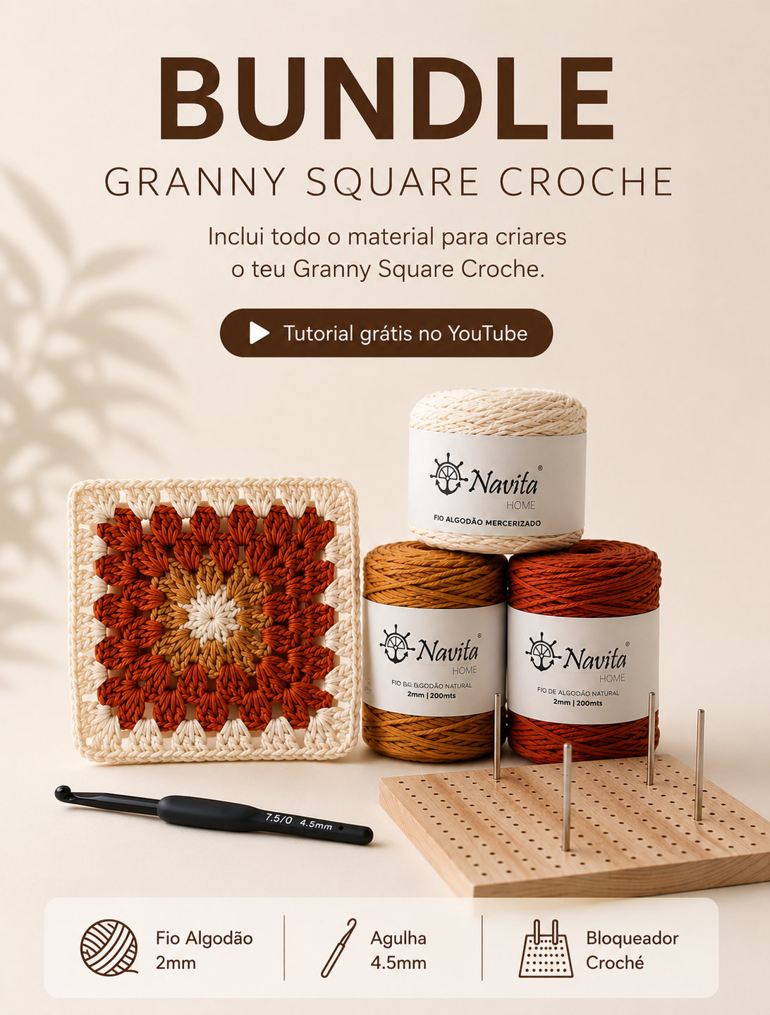 Bundle Granny Square Croche - Fio Algodão 2mm + Agulha 4.5mm + Bloqueador Croché [ES]