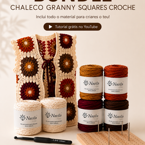 Bundle Chaleco Granny Squares Croche - Fio Algodão 2mm + Agulha 4.5mm + Bloqueador Croché