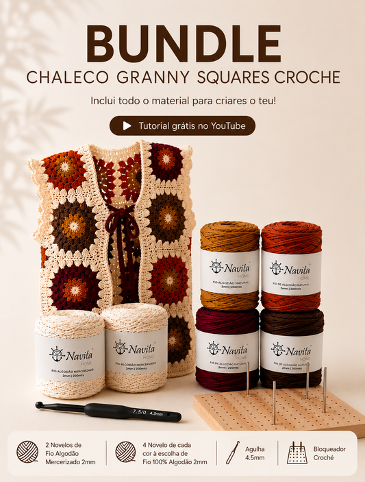 Bundle Chaleco Granny Squares Croche - Fio Algodão 2mm + Agulha 4.5mm + Bloqueador Croché