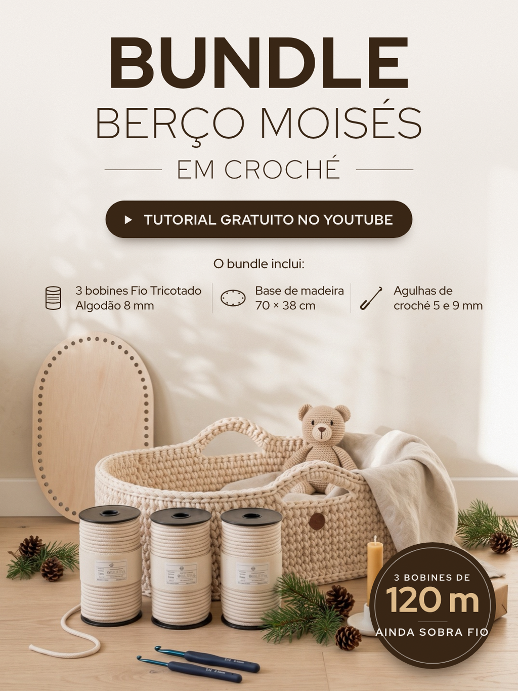 Bundle Berço Moíses - Base Madeira 70x38 + Fio Tricotado Algodão 8mm + Agulha de 5mm e 9mm