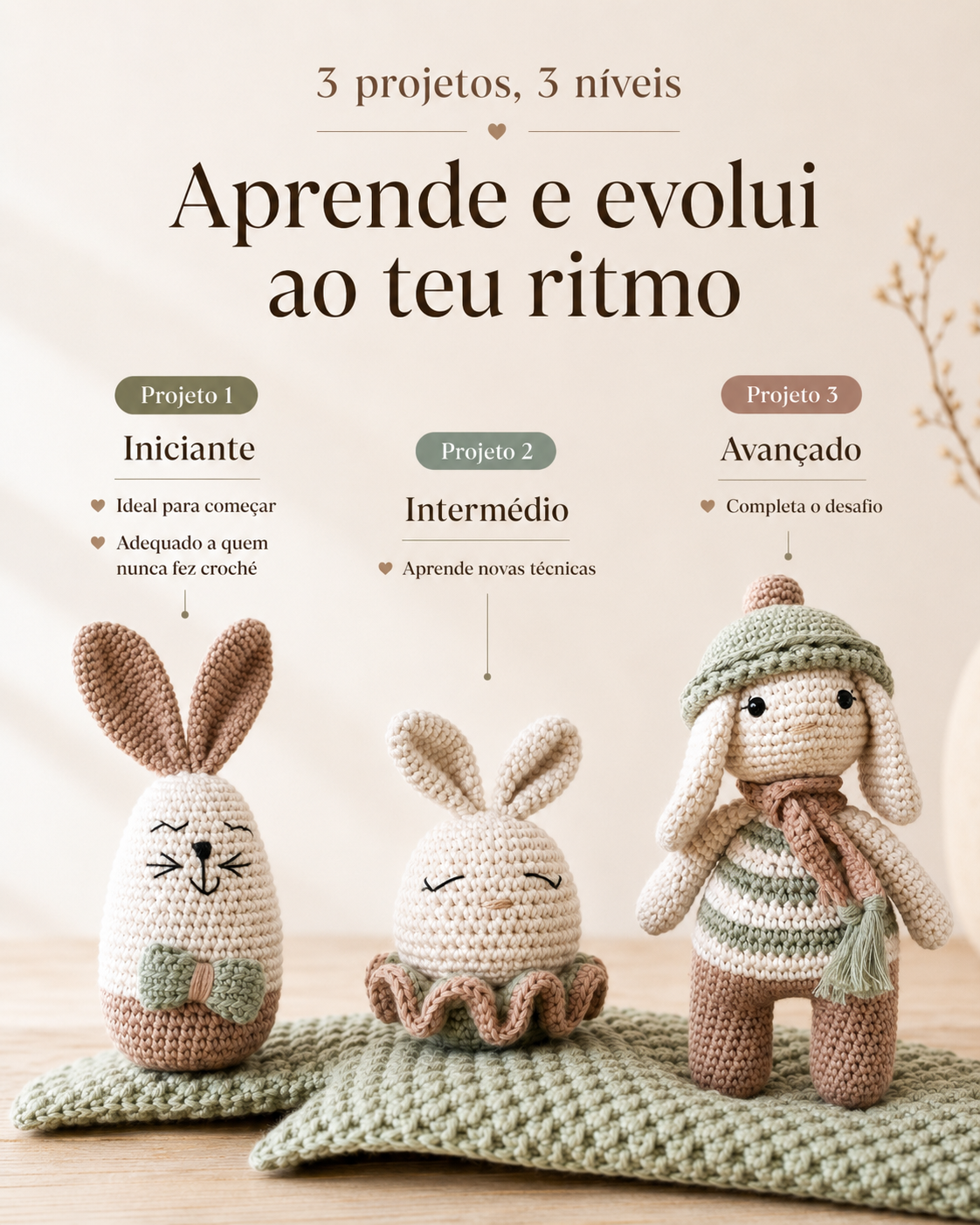 Kit O meu 1º Amigurumi 3 Níveis — Aprende do Zero (Iniciante ao Avançado)