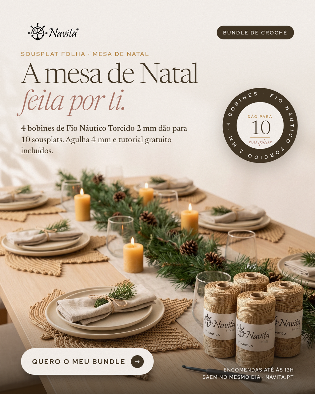 Bundle 10 Sousplat Folha em Croché - Fio Náutico Torcido 2mm + Agulha 4mm