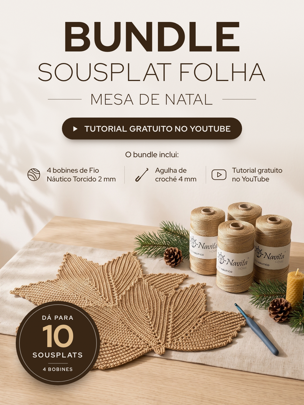 Bundle 10 Sousplat Folha em Croché - Fio Náutico Torcido 2mm + Agulha 4mm